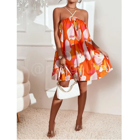 Orange Floral Flared Dress Mini Short A-Line Neck Ties - Picture 5 of 9